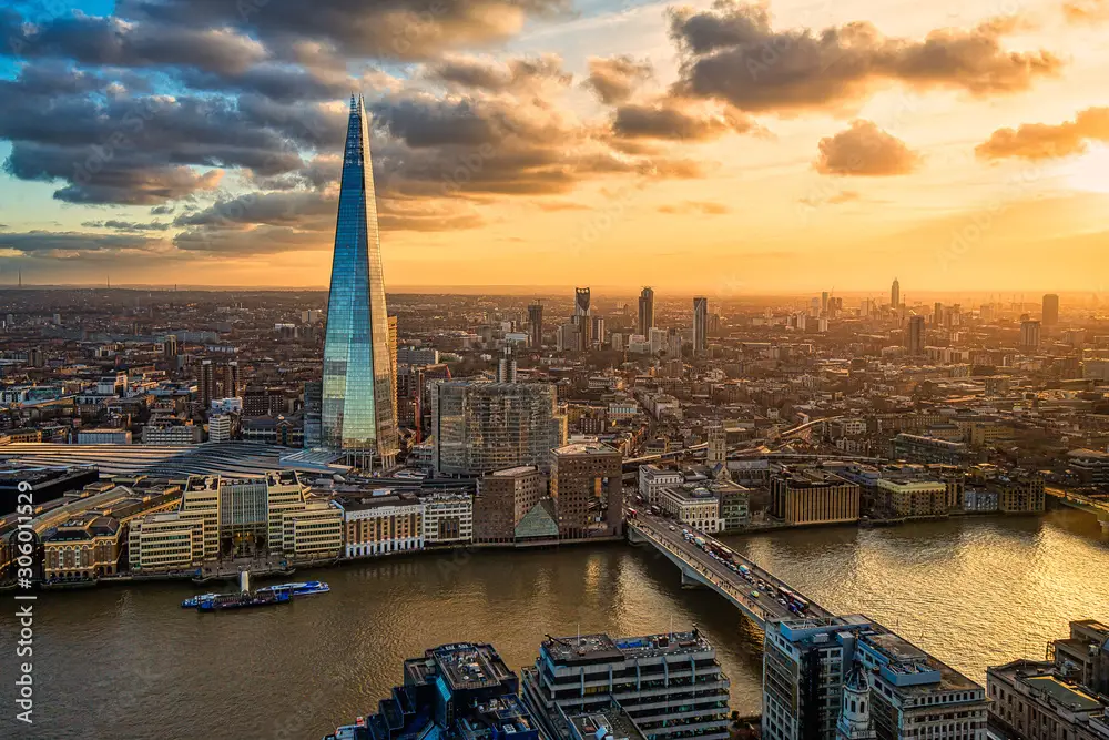 Aerial view of London at sunset